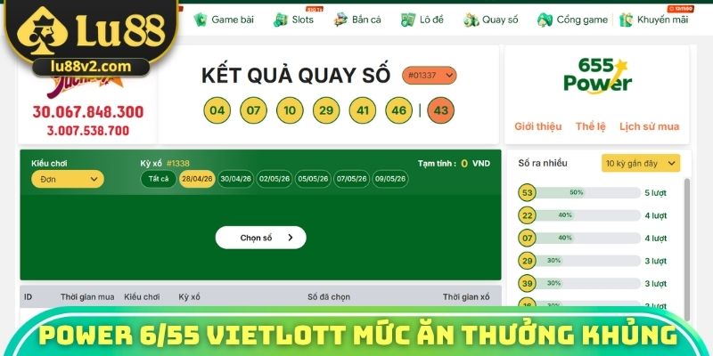 Power 6/55 hình thức Vietlott mức ăn thưởng khủng
